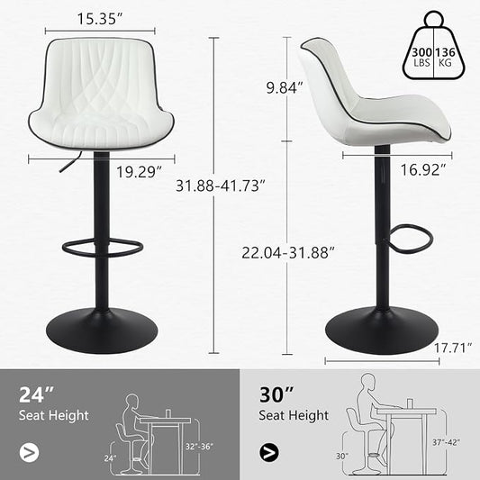 YOUTASTE Bar Stools Set of 2, Adjustable Swivel Counter Height Barstools with Back, White Faux Leather Upholstered Bar Chairs with Black Metal Base, Stools for Kitchen Island or Home Bar