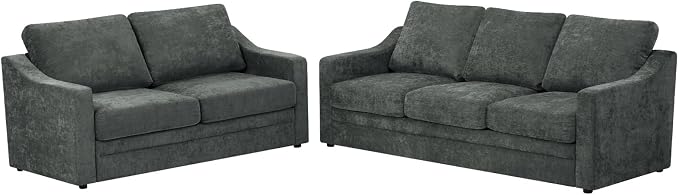 2 Pieces Chenille Sofa Set w/Soft Back Cushion, Grey | Modern 2 Seat & 3 Seats Couch Set w/Deep Seat Space, Upholstered Love Seat & Sofa w/High Density Foam for Living Room