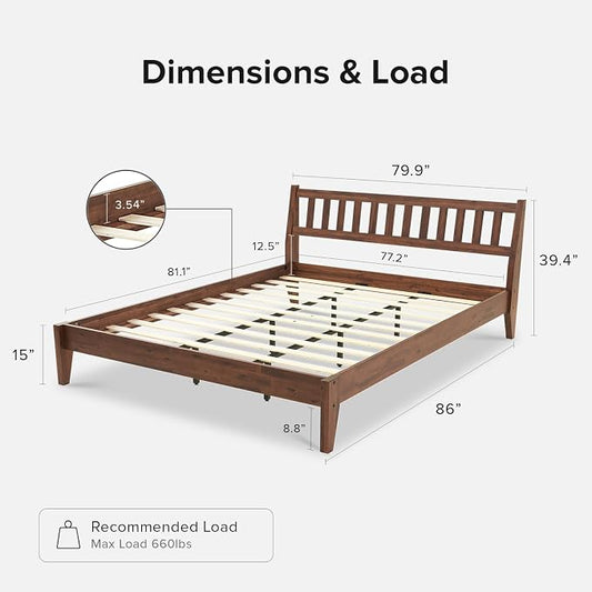 mopio Ted Bed Frame with Headboard, Mid Century Modern Acacia Solid Wood Platform Bed Frame, Wooden Slats, No Box Spring, Double Metal Bar Support (Solid Wood, King (U.S. Standard))