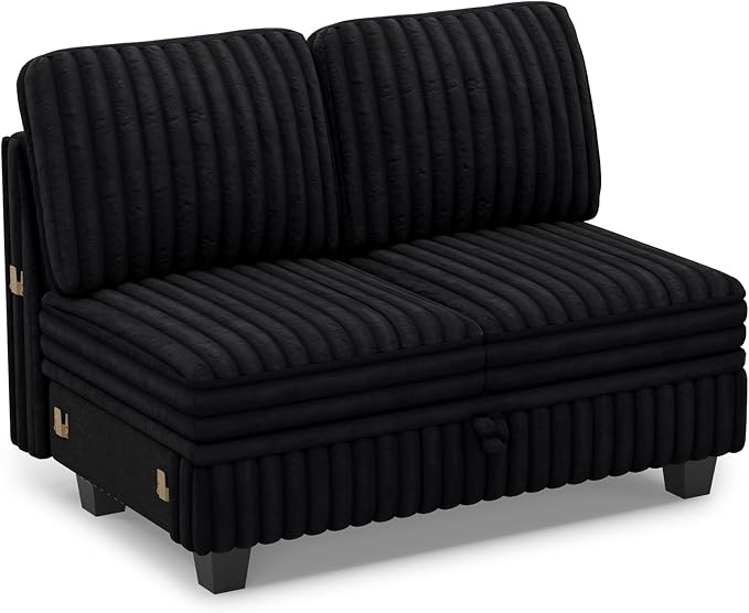 Belffin Corduroy Fabric Loveseat Module for Modular Sectional Couch for Living Room 2 Seater Modular with Storage Black Couch