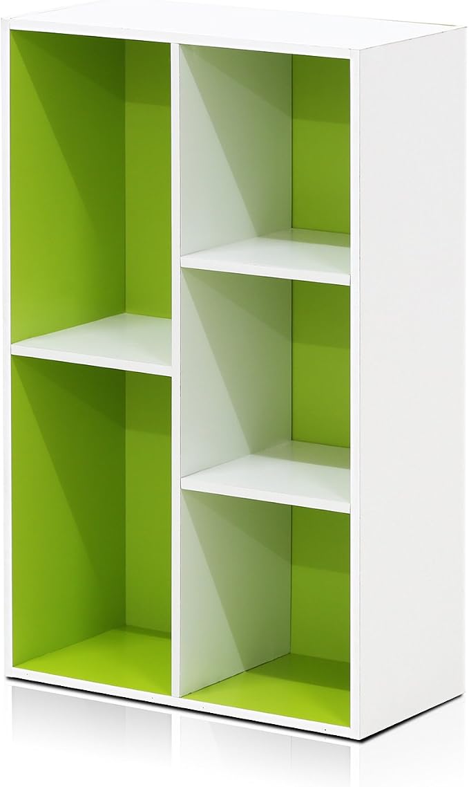 Furinno LUDER Book Shelf, 5-Cube Bookshelf, Reversible Bookcase, 9.4 x 19.5 x 31.5, Easy Assembly, for Living Room, Bedroom, Home Office, White/Green