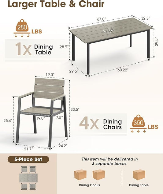 Outdoor Dining Set for 4, Aluminum Patio HDPS Outdooor Table and Chairs Set with Umbrella Hole, All Weather Patio Furniture Set, 5 Peice Patio Dining Table Set (Classic Gray)