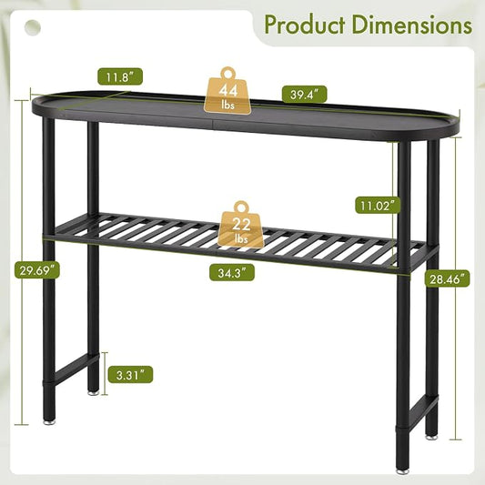 Black Entryway Table for Hallway Bamboo 39.4", Outdoor Console Table Oval Top, Sofa Table Behind Couch 2-tier, TV Stand Plant Stand with Anti-fall Edge, 5min Easy Assembly, 39.4"L x 11.8"W x 29.7"H