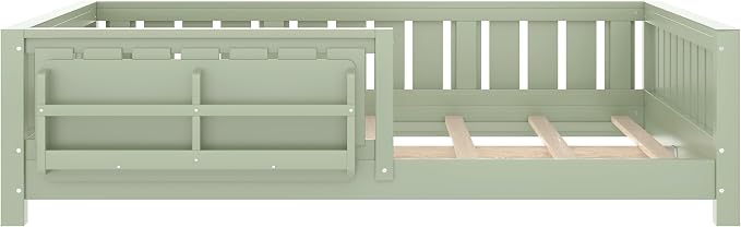 Bellemave Full Size Floor Bed with high Rails and with Built-in Bookshelf for Kids, Girls, Boys, Wood Montessori Floor Bed Without Door, Avocado Green