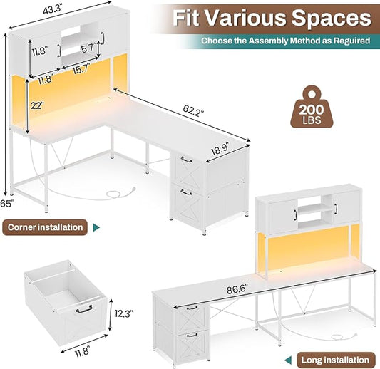 SEDETA White L Shaped Office Desk, Farmhouse Home Office Desk with Fabric File Drawers and Power Outlet, Corner Gaming Desk with LED Lights, Hutch and Storage Shelves