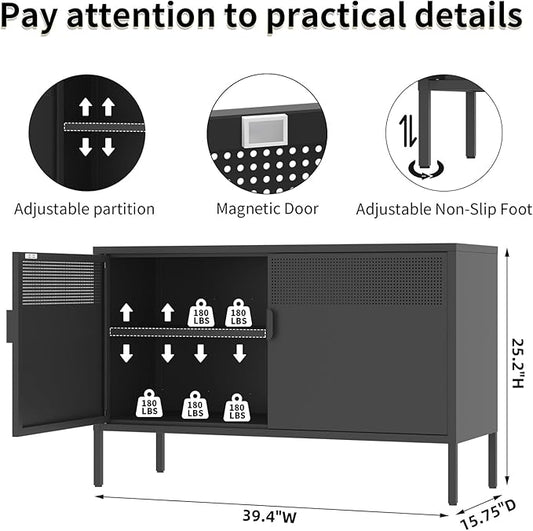 Black Metal Storage Cabinet with 2 Doors - 25''H TV Stand, 2 Tier Locker with Adjustable Shelves, Multipurpose TV Cabinet for Office, Home, Living Room, Kitchen