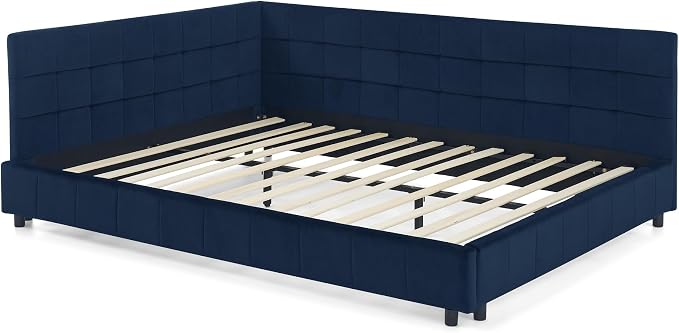 Bellemave Queen Size Corner Bed Frame with Comfortable Backrest and Armrests, Velvet Tufted Corner Bed Frame Queen Size, Upholstered Daybed for Bedroom, Living Room, Guest Room, Dark Blue