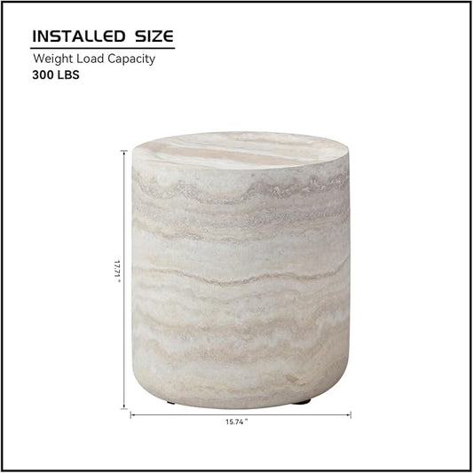 15.74" Small Round Side Table, Faux Marble Stone Coffee Table, French Country Rustic Circle End Table, Modern Minimalist Fiberglass Tea Table for Living Room Apartment Office, No Assembly