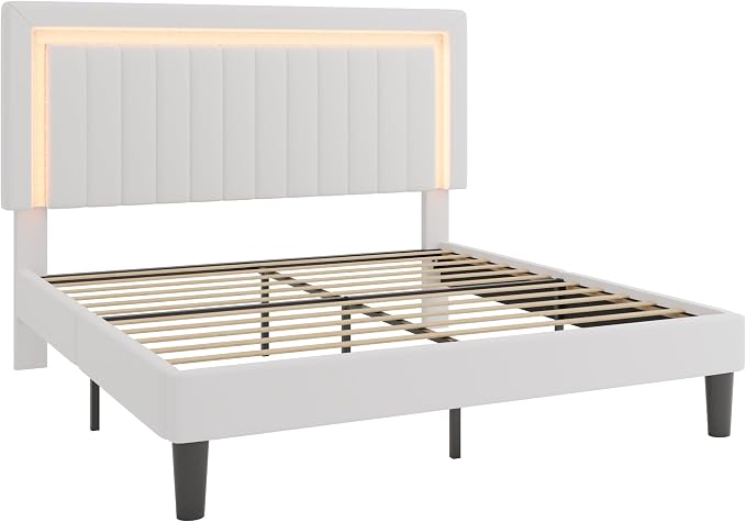 SHA CERLIN King Size Velvet Bed Frame with LED Light, Adjustable Vertical Channel Tufted Headboard, Strong Wooden Slats Support, Noise-Free, No Box Spring Needed, White