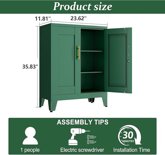 Green Metal Storage Cabinet, 36" Tall Locking Storage Cabinet, 12”D | with 2 Adjustable Shelves, Steel Locker Organizer, Metal Freestanding Buffet Cupboards Sideboard for Office, Home, School,2PS