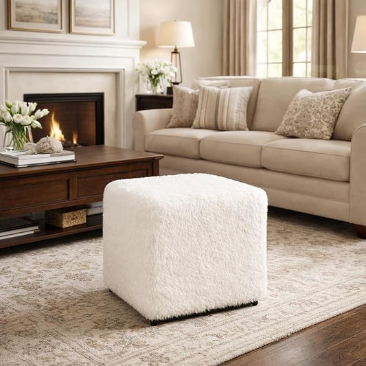HomePop 16" Cube Ottoman - White Faux Fur