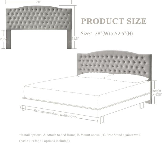 Furpopup Velvet King Size Headboard Only Upholstered Wall Mount Silver Gray | 2 ways to use:Wall-mounted (for adjustable bed) and bed frame mounted, Easy to assemble, Classic button design headboard