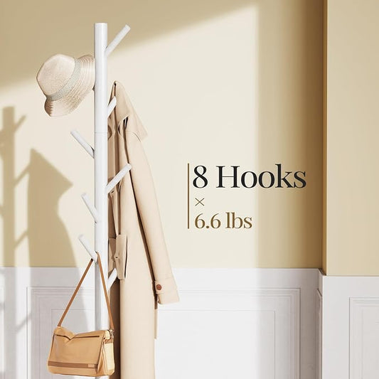 Pipishell Solid Wooden Coat Rack Freestanding, Hall Tree with 8 Hooks, 3 Height Options for Coats, Hats, Handbags, and Scarves, Tool-Free Assembly, Space Saving Design for Entryway, Office, Bedroom