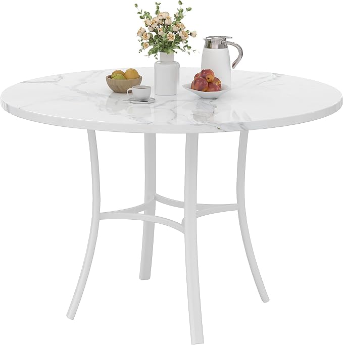 VECELO 36" Round Dining Table for 4, Faux Marble Dinette with Metal Frame for Kitchen, Apartment, Home, Space-Saving, Off White