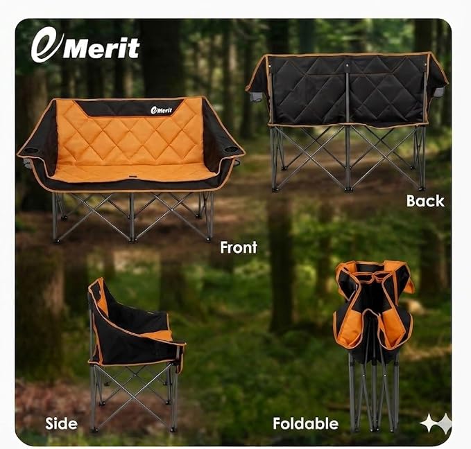 EMERIT Oversized Double Duo Camping Chair Folding Camping Loveseat 2 Person Camping Couch Heavy Duty Lawn Chairs for Outside with Padded Seats & Armrests-Support 650LBS | Heavy Duty 650LB