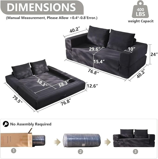 WHGBJA 79'' Convertible Sleeper Sofa Bed, 3-in-1 Foldable Floor Couch with Corduroy Upholstery, No Assembly Loveseat, Light Brown Lounge Mattress for Living Room, Studio, Guest Room (Black)