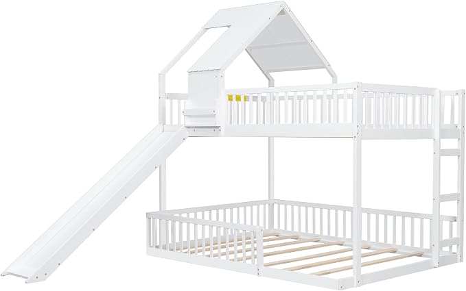 SOFTSEA House Bunk Bed with Slide, Full XL Over Queen Wood Floor Bunk Bed Frame with Roof, Guardrails and Ladder, Space-Saving, White