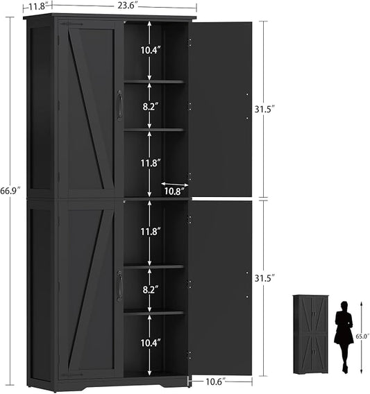 TEENFON Tall Storage Cabinet, Kitchen Cabinet with 4 Shelves, Adjustable Shelves, Pantry Cabinets with 4 Barn Doors, Tall Kitchen Cabinets for Dining Room, Living Room, Black