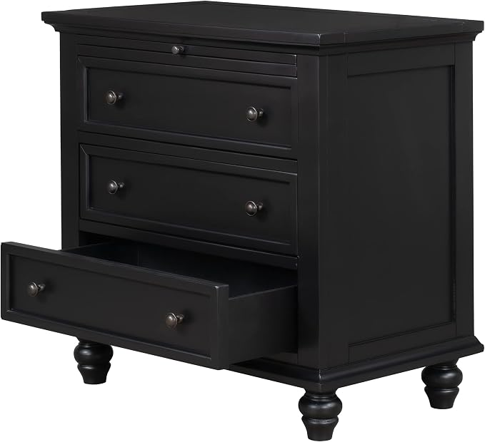 Merax Nightstand with Drawers Set of 2, Wood Bedside End Table with Pull Out Tray, Black (No Guide Rails)