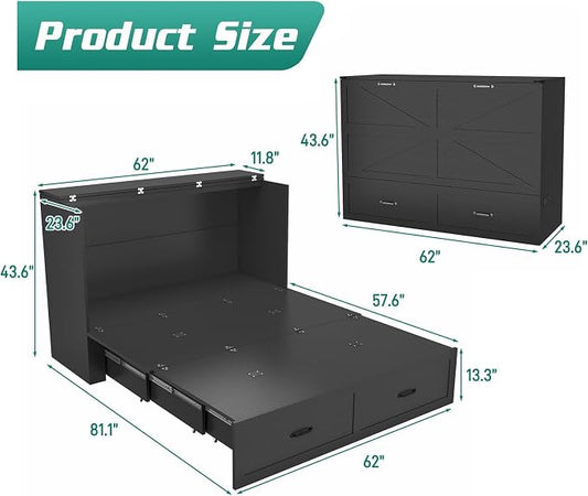 Hlivelood Queen Size Murphy Chest Bed with Drawer and Charging Station, Farmhouse Wood Space-Saving Hidden Folding Bed Chest, Multifunctional Storage Cabinet Beds for Bedroom, Office, Black