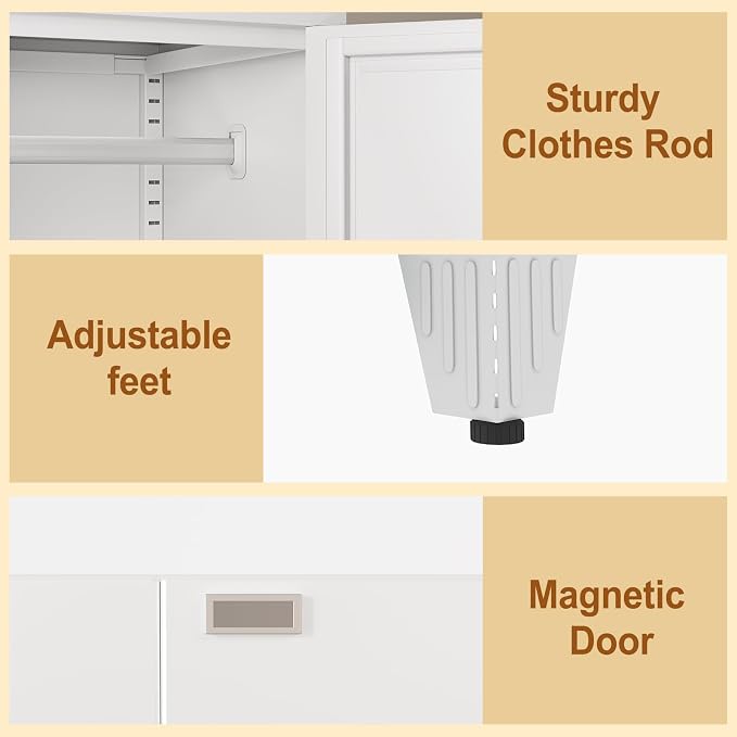 Metal Armoire Wardrobe Closet Storage Cabinet with Mirror White, 71'' Wardrobe Cabinet with Hanging Rod Metal Closet with 2 Adjustable Shelves for Bedroom, Laundry Room, Cloak Room
