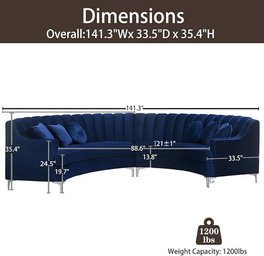 Legend Vansen Semicircle Modular Curved Velvet Sectional Sofa,141.34”Oversized Arc Sofa,Modern Cloud-Like Deep Seat Couch for Living Room Apartment Office Conference Space (1, Blue)