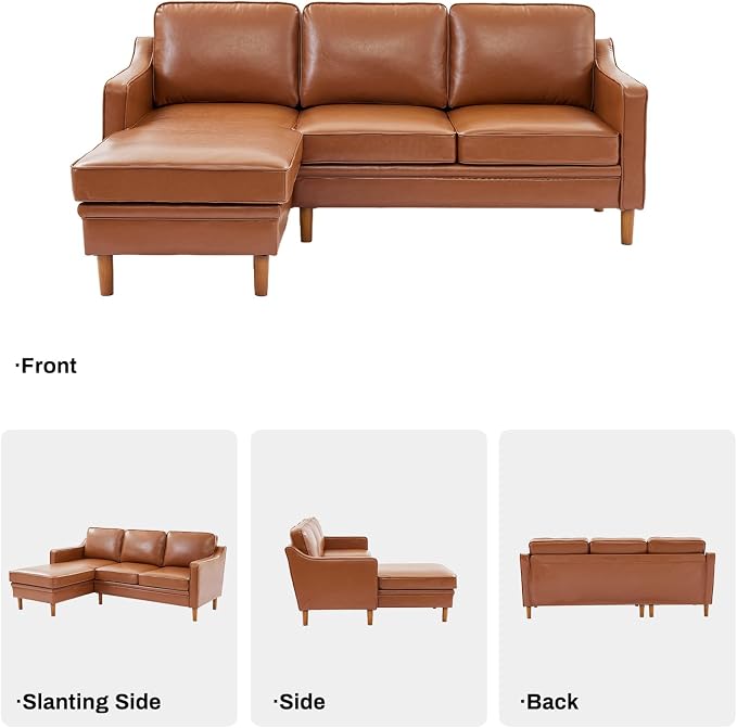 Kingfun 88" L-Shape Sofa, Faux Leather Sectional Couch, Mid Century Modern Couches with Solid Wood Frame for Living Room Bedroom