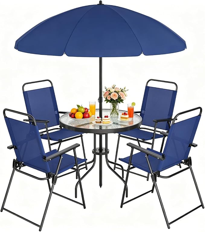 Shintenchi 6 Piece Outdoor Patio Furniture Set, Small Outdoor Patio Dining Table and Chairs Set, Outdoor Seating with Umbrella for Backyard, Balcony, Front Porch, Dark Blue