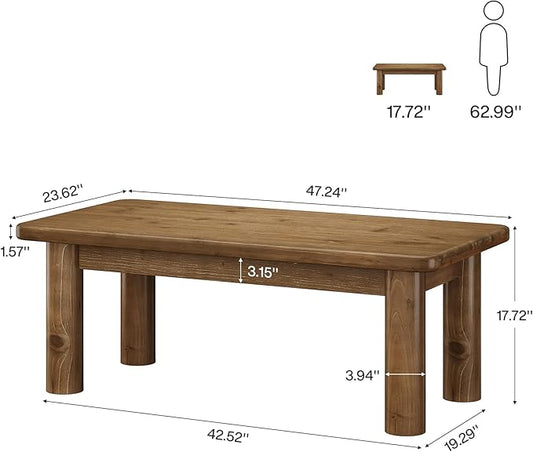 47-Inch Solid Wood Coffee Table, Rustic Rectangular Center Table for Living Room, Low Cocktail Tea Furniture with Thick Cylindrical Legs