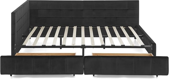 Queen Size Corner Bed Frame with Storage Drawers, Comfortable Backrest and Armrests, Velvet Tufted Corner Bed Frame Queen Size, Upholstered Daybed for Bedroom, Living Room, Guest Room, Black