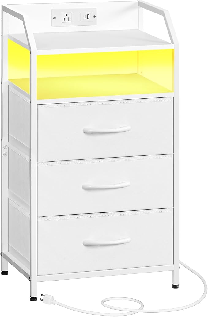 HOOBRO White Nightstand with Charging Station, End Table with 1 AC Outlet, 1 USB Port, and 1 Type-C Port, Bedside Table with LED Light Strip and 3 Non-Woven Drawers, for Bedroom, White WT013UDBZ01