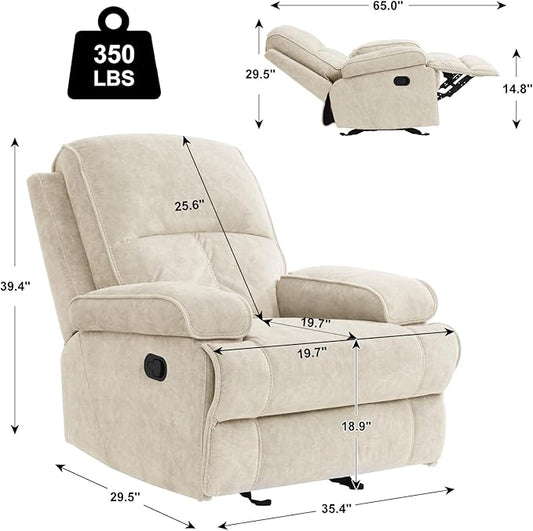 Manual Rocker Recliner Chair for Adults, High Back Glider with Deep Seat, Upholstered Fabric Armchair for Living Room & Nursery, Beige