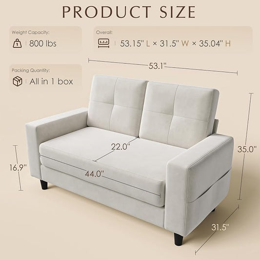 Loveseat Sofa丨53 inch Love Seat Small Couch for Small Space 丨7.5” Thick Seat Cushion Sofas for Bedroom丨Chenille Mini Couch for Apartment Beige