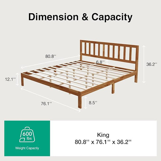 Novilla 12inch King Size Bed Frame Wooden King Bed Frame and Headboard, Classic King Size Bed Frame with Headboard, No Box Spring Needed, Easy Assembly, Natural
