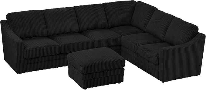 115 Inches Corduroy Sectional Sofa with Storage Ottoman, Modern 7 Seats Corner Couch with Deep Seat, Comfy Modular U Shaped Couch with Comfortable Cushions for Living Room, Black
