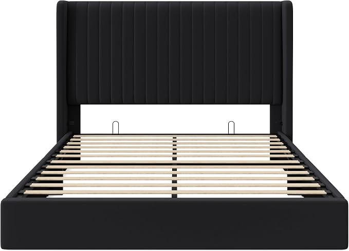 Allewie Full Size Lift Up Storage Bed Frame, Hydraulic Support System, Upholstered Platform Bed Frame, Underneath Storage, Vertical Channel Tufted Headboard with Wingback, No Box Spring Needed, Black