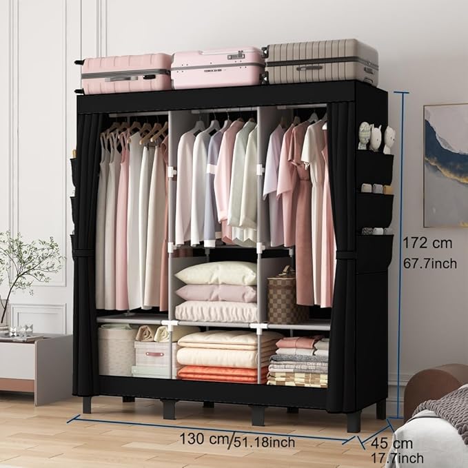 Portable Closet, 51.18" Large Capacity Clothing Storage Organizer with 3 Hanging Rods 6 Shelves 18 Side Pockets, Dustproof Sturdy Wardrobe for Bedroom Dorm Rental Apartment(Black, Large)