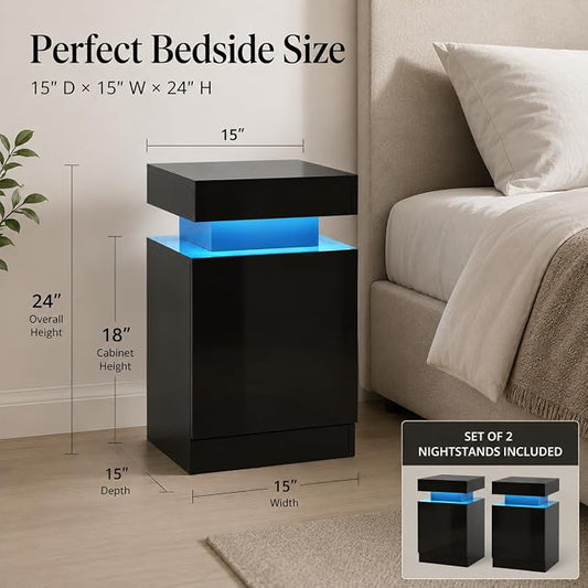 MXV Nightstand Set of 2 with LED Lights,Night Stand with Storage Cabinet for Bedroom,Bedside Table with LED (Black, 24 in Tall)