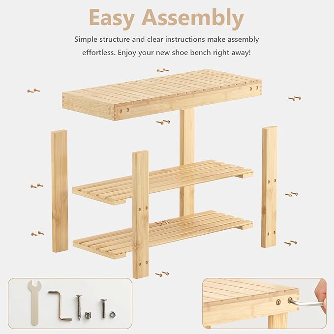 Sweetcrispy 3-Tier Shoe Rack Bench for Entryway, 27 Inches, Wood | Bamboo Shoe Storage Bench, Shoes Rack for Entrance, Bedroom, Living Room, Balcony, 6 Pairs, 286lb Capacity