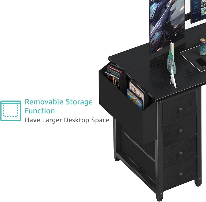 Lufeiya L Shaped Gaming Desk with Power Outlet, 47 Inch Reversible Corner Computer Desk with Drawers & Storage Shelves for Home Office Bedroom, L-Shaped Teen PC Desks with Fabric Drawer, Black