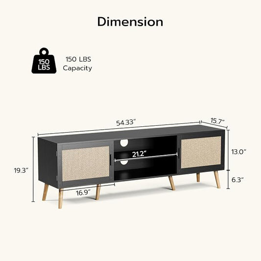 ZttRiee TV Stand with Rattan Doors for TVs up to 65", Mid-Century, Black | 54.7"W x 15.7"D x 18.9"H, 150 lbs capacity, 2 rattan-door cabinets & 1 shelf (4 compartments), 2 cord holes, 6 wood feet