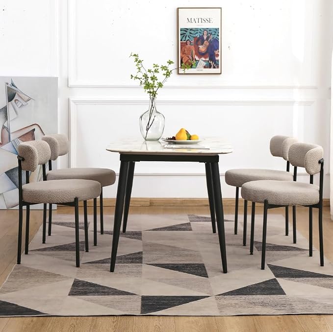 EDWELL Boucle Dining Chairs Set of 2, Round Upholstered Dining Room Chairs with Black Metal Legs, Modern Kitchen Dining Room Chairs for Kitchen, Living Room