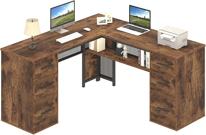 HSH L Shaped Computer Desk with File Drawers, Large Metal Wood L Shape Table with Storage Cabinet Shelves, Reversible Corner Home Office Executive Writing Study Workstation Desk, Rustic Brown, 59 Inch