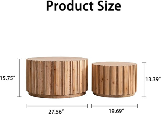 Nesting Round Coffee Table Set of 2, 27.56" Fluted Circle Accent End Table, Morden Drum Side Table, Wooden Center Table for Living Room, Fully Assembled - Natural Wood