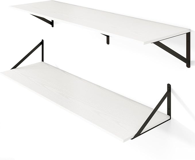 Heimlove White Deep Floating Shelves for Wall, 40W x 12D Wood Wall Shelves Set of 2, Wide Floating Bookshelf for Living Room, Kitchen, Office, Bedroom and Decor Storage, with Black Bracket - White