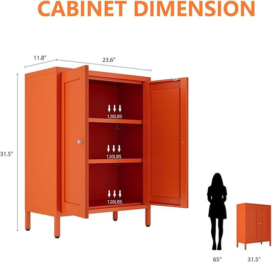 Metal Bathroom Cabinet, Small Floor Storage Cabinet, Freestanding Sideboard with 2 Adjustable Shelves for Living Room, Dining Room, Kitchen (Orange, 31.5" H-2 Doors)