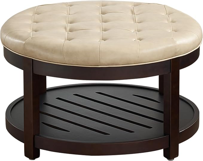 adochr Round Coffee Tables for Living Room,33’’ Storage Ottoman with Wooden Tray, Upholstered Ottoman Footrest, Ivory