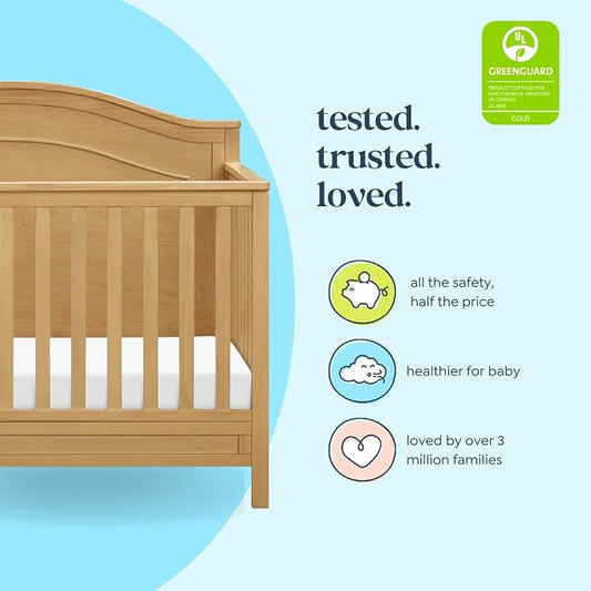 Davinci Charlie 4-in-1 Convertible Baby Crib w/Mattress - Honey | GREENGUARD Gold Certified, Low-Profile Crib Convertible to Toddler Bed, Daybed, Full Bed - Conversion Kit Sold Separately