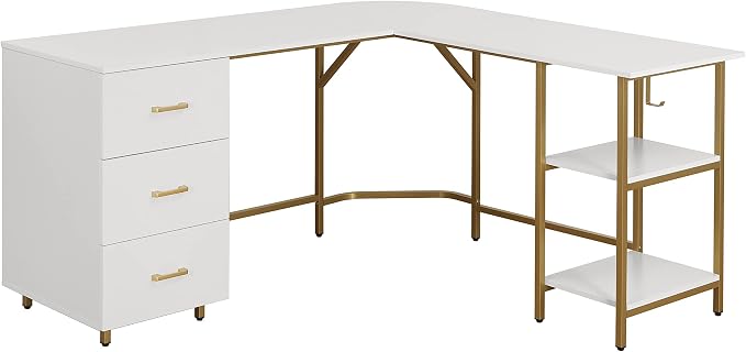 Techni Mobili L Shaped Desk - Two-Toned Computer Desk with Drawers & Storage Shelves - Simple Modern Furniture & Home Office Space Corner Table for Work & Writing | 59" two‑tone L‑shaped desk with storage shelves, durable frame, modern corner workstati...