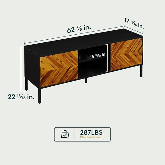 Bme Vivian TV Stand, 59 Inch Media Console Table with Herringbone Pattern Doors, Solid Wood & Metal Frame, Rustic Golden Brown – Retro-Inspired Modern TV Console for Living Room, Entertainment Center